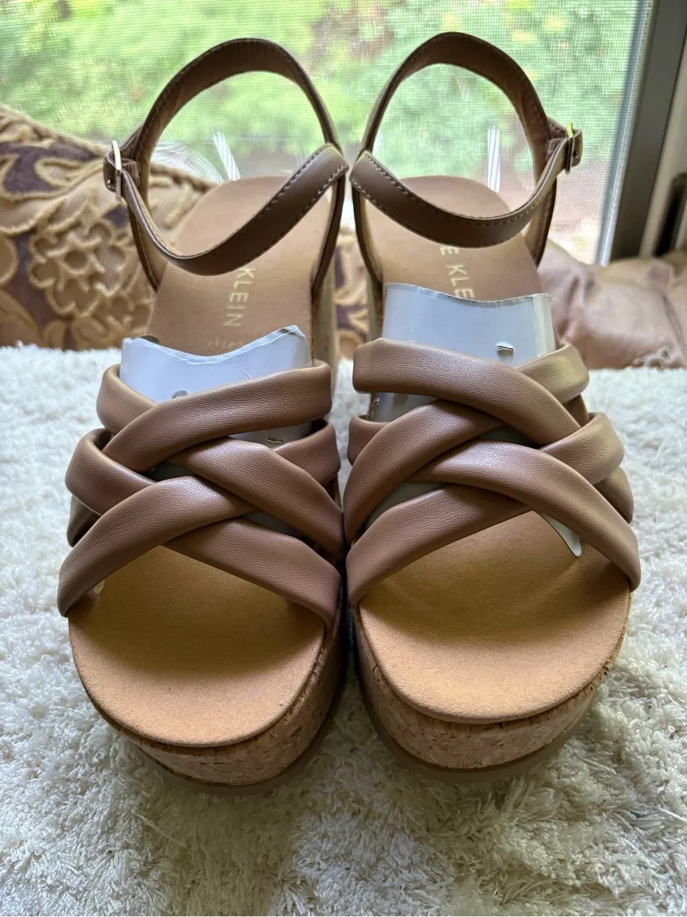 Anne Klein Braided Tan Wedge Sandals with Cork Platform